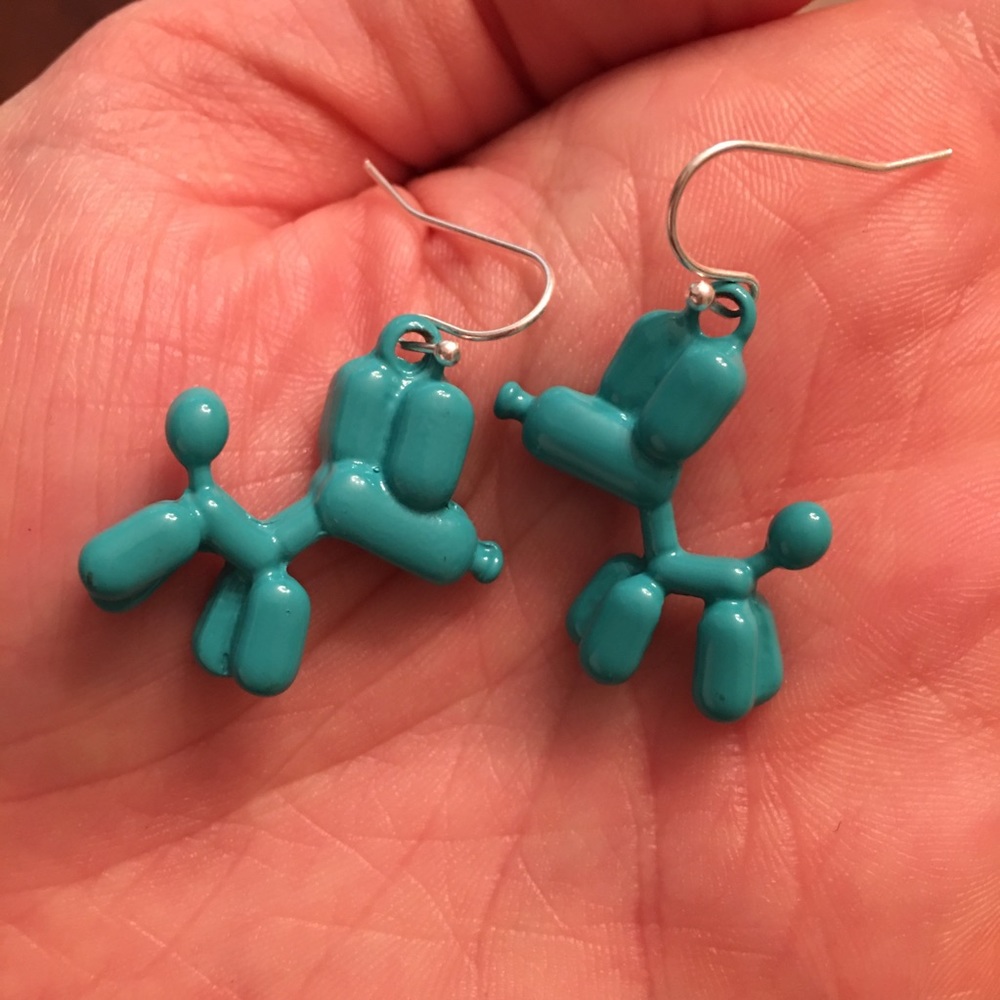 Turquoise balloon animal dog hook earrings. Metal